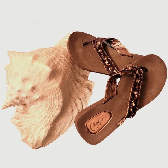 Candie's Shoes Candies Brown Wedge Flip Flops With Copper White